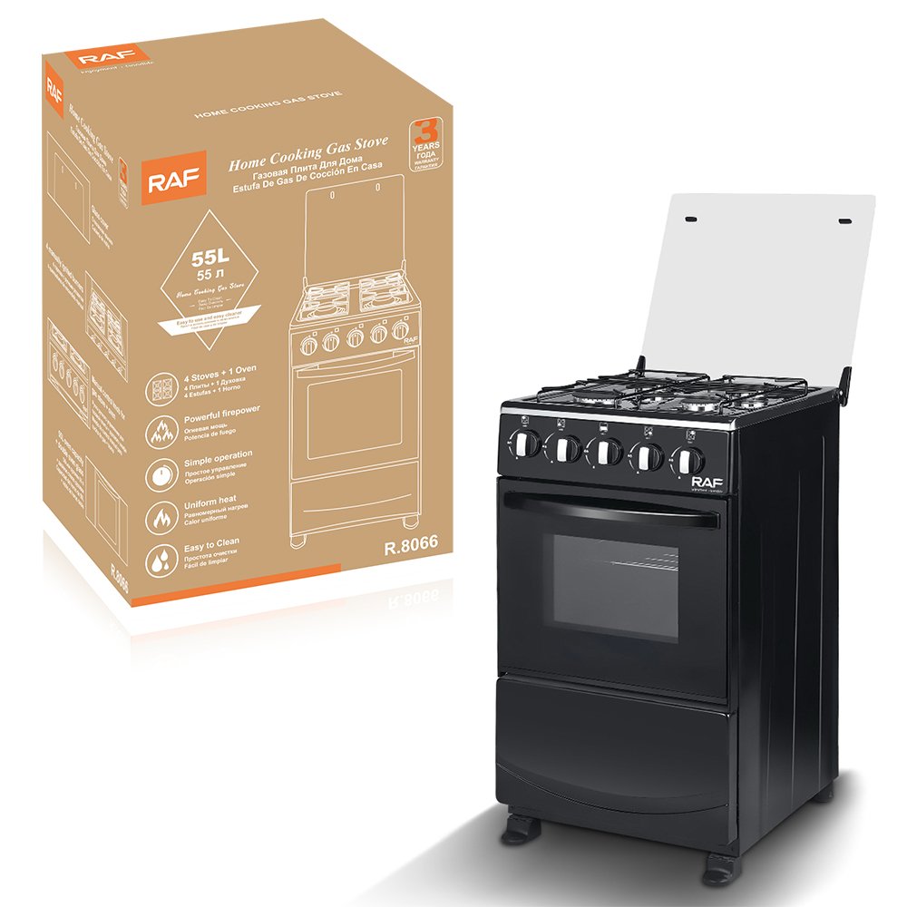 RAF Freestanding Home Gas Stove R.8066 55L 4 Burner 1 Oven Stainless Steel Panel Black Body Glass Lid for Family Kitchen Cooking