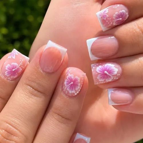 Pink flower white tip nails