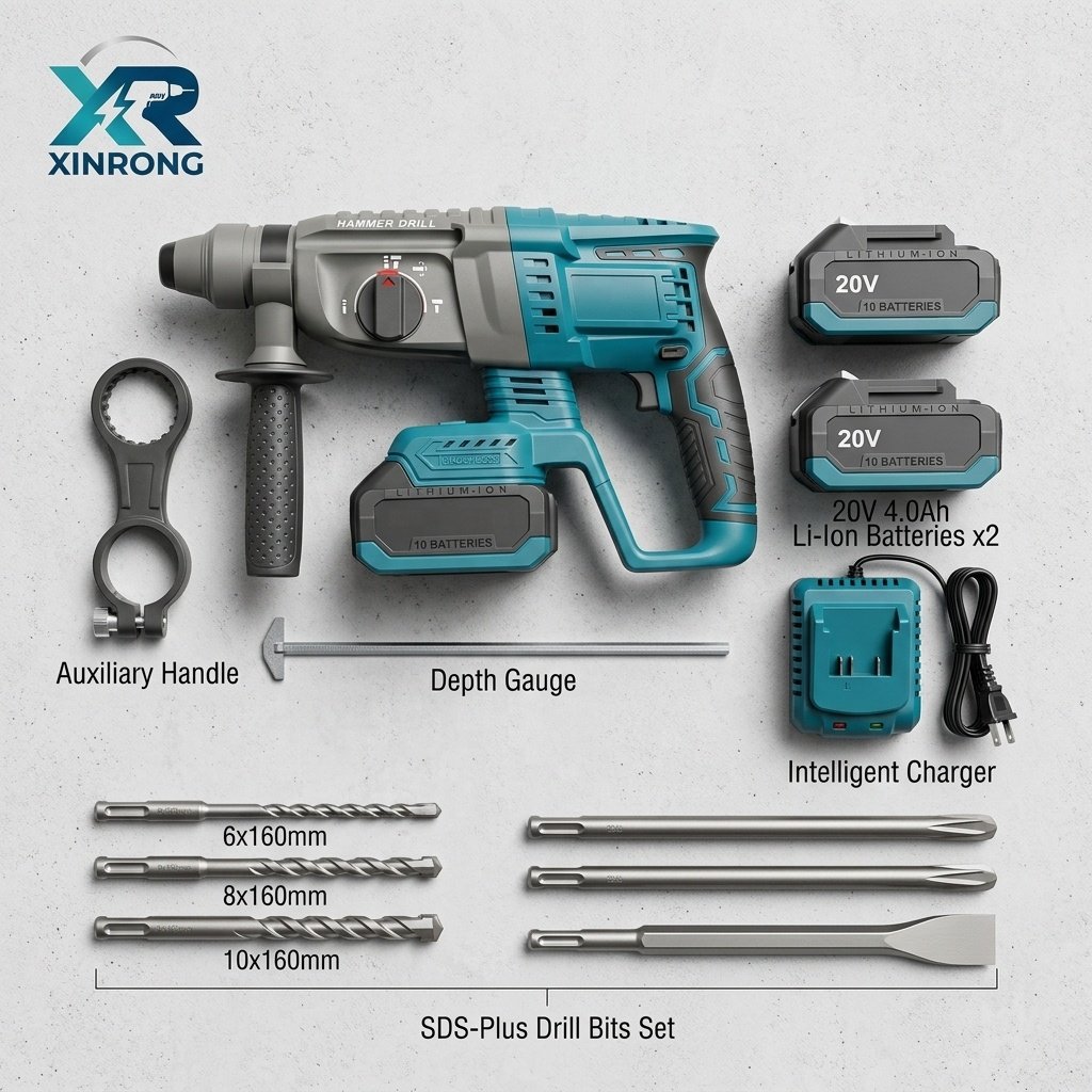 21V Brushless Cordless Rotary Hammer SDS Plus Impact Drill 2x 1.3mAh Lithium Battery Professional Power Tool 3+ Speeds