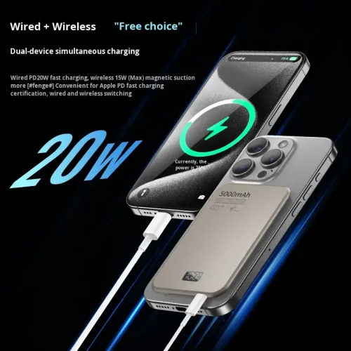 Wireless Aluminum Power Bank Digital Display 5000mAh Ultra-Thin Design PD20W Fast 