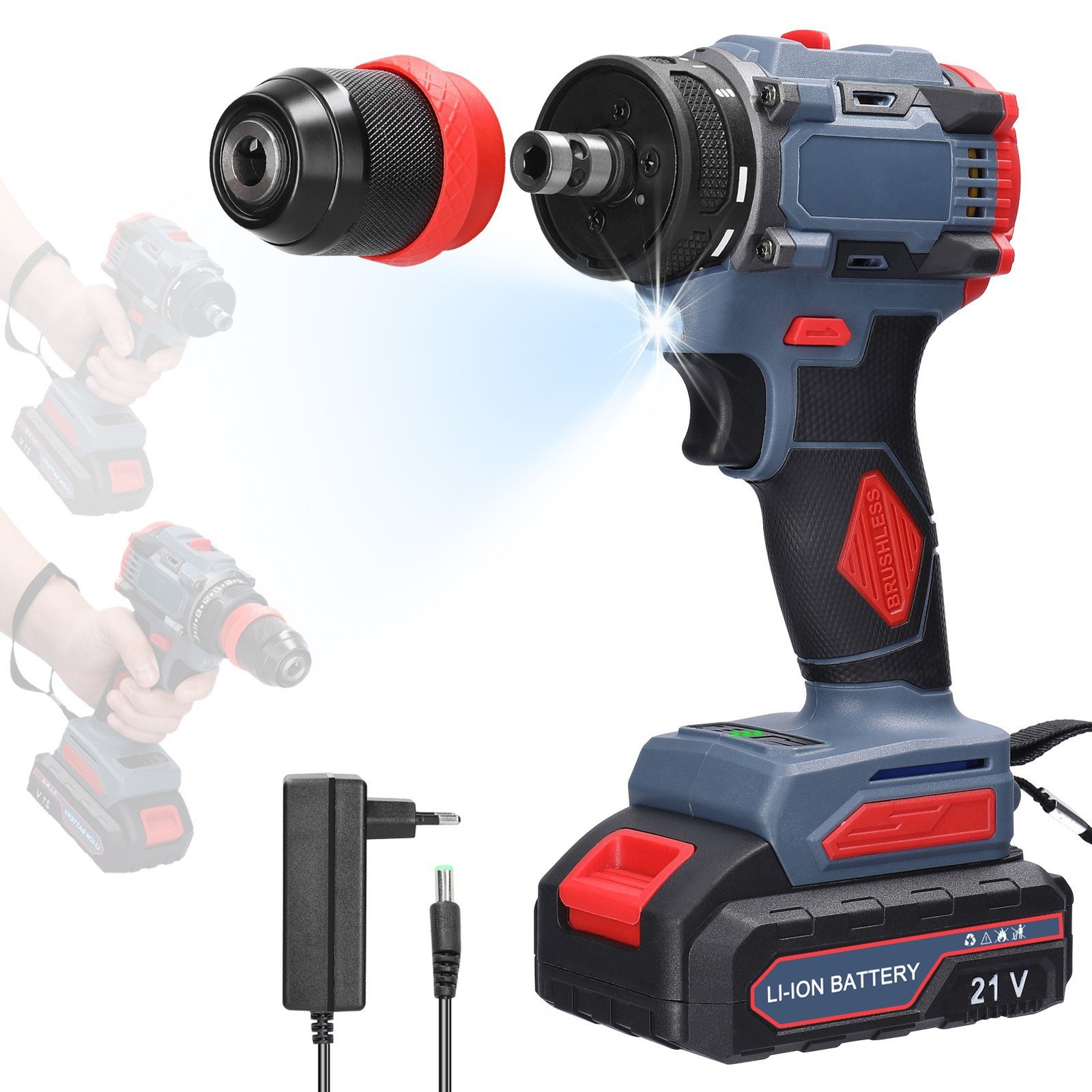 21V Brush Motor Cordless Pistol-style Impact Drill 1/2 Chuck 200 Nm High Torque Two-Speed Heavy-Duty Construction 1.3AH