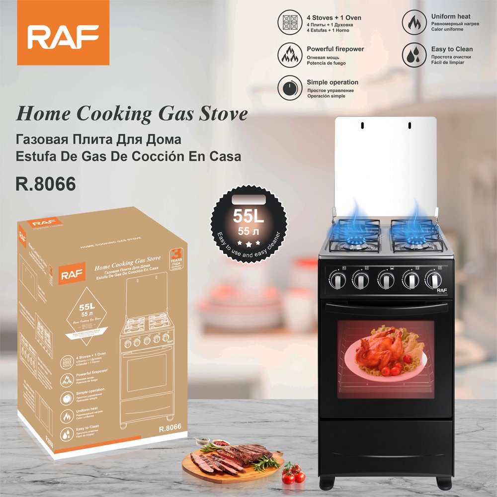 RAF Freestanding Home Gas Stove R.8066 55L 4 Burner 1 Oven Stainless Steel Panel Black Body Glass Lid for Family Kitchen Cooking