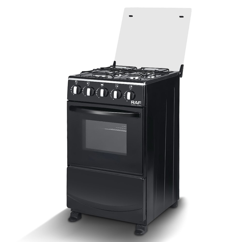 RAF Freestanding Home Gas Stove R.8066 55L 4 Burner 1 Oven Stainless Steel Panel Black Body Glass Lid for Family Kitchen Cooking