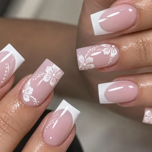 Pink Nail White flower and tip 🤍